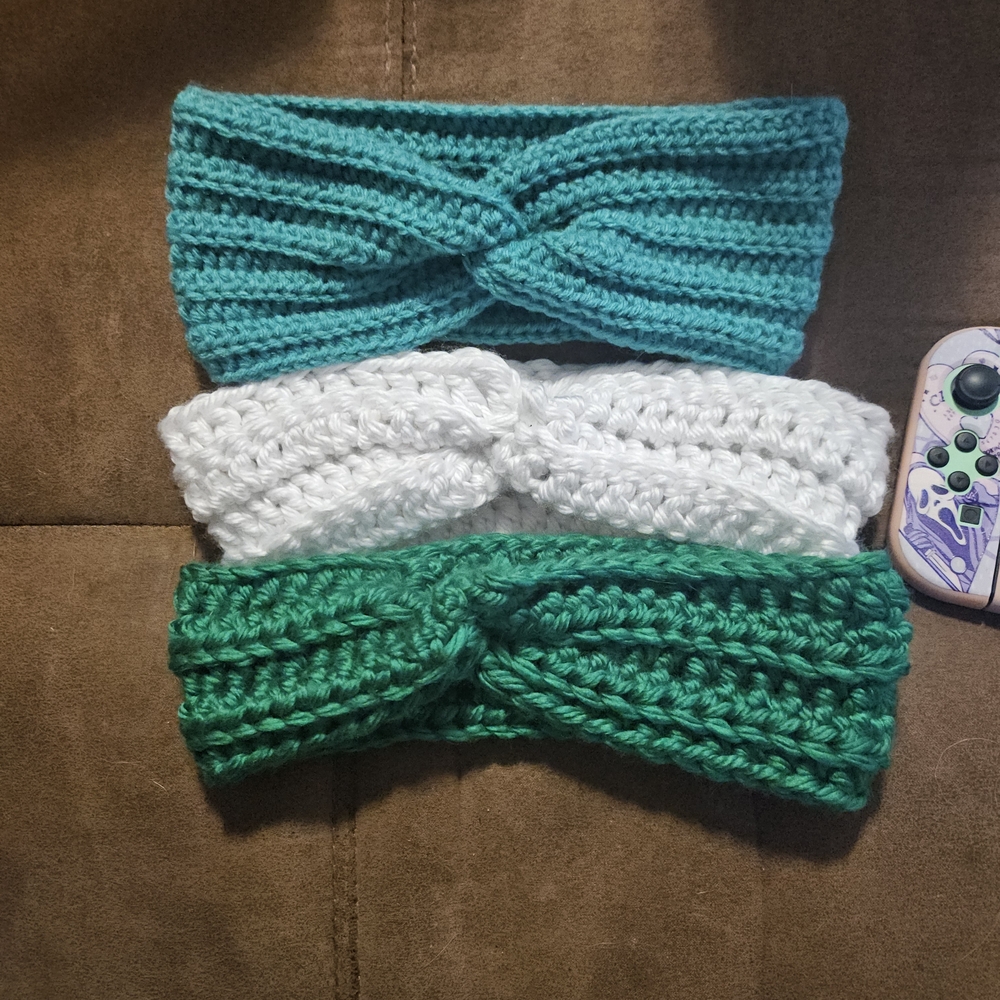 Crochet Headbands - Teal, White, Green